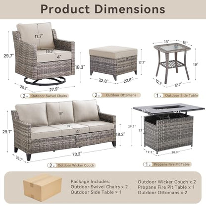 8 Pieces Patio Furniture Set with 42.5" Fire Pit Table-All Weather Wicker Outdoor Furniture with High Back Wicker Patio Chairs Set of 2 Outdoor Couch for Deck Backyard Gray/Beige