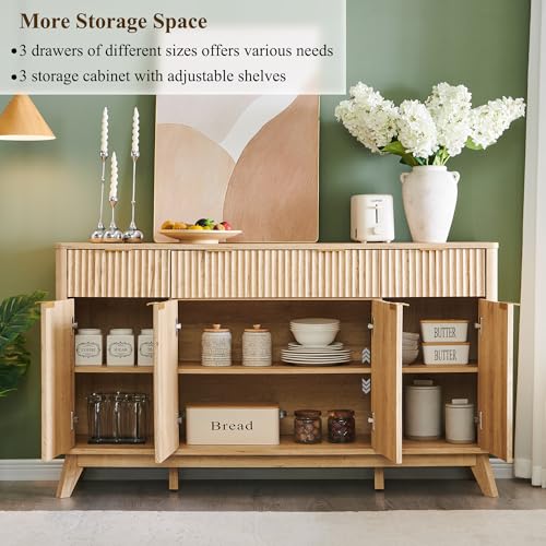 Fluted Storage Cabinet with Drawers, 60" Morden Buffet Sideboard Coffee Bar Cabinet with 4 Doors and 3 Drawers for Dining Room, Living Room,Hallway (Natural Oak)