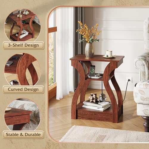 End Tables Living Room Set of 2, Cherry Side Tables with Charging Station, Nightstand for Bedroom, 3 Tier End Table with Storage Shelf, Side Table Set of 2 for Living Room, Cherry