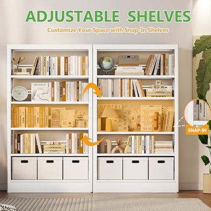 71 Tall Metal Bookshelf, White Bookcase Industrial, 5-Tier Bookshelf Storage with Adjustable Shelf, Modern Book Shelves Heavy Duty with Bookend for Home, Office, Library, Includes Book Stoppers
