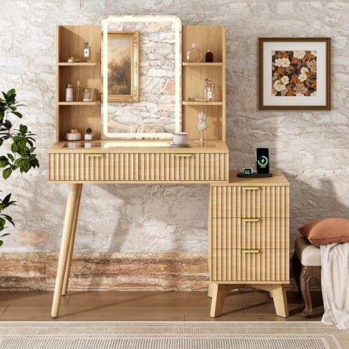 Fluted Vanity Desk with LED Lights Mirror & Charging Station, Oak, view 4