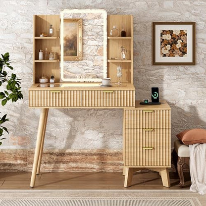 Fluted Vanity Desk with LED Lights Mirror & Charging Station, Oak, view 4