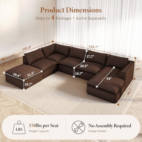 141.7" Oversized Boneless Sectional Couch, Modern 7 Seater Modular Sofa with Chaise & Ottoman, Deep Seat Corduroy Cloud Couches for Living Room, No Assembly Required, Dark Brown