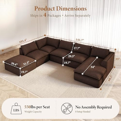 141.7" Oversized Boneless Sectional Couch, Modern 7 Seater Modular Sofa with Chaise & Ottoman, Deep Seat Corduroy Cloud Couches for Living Room, No Assembly Required, Dark Brown