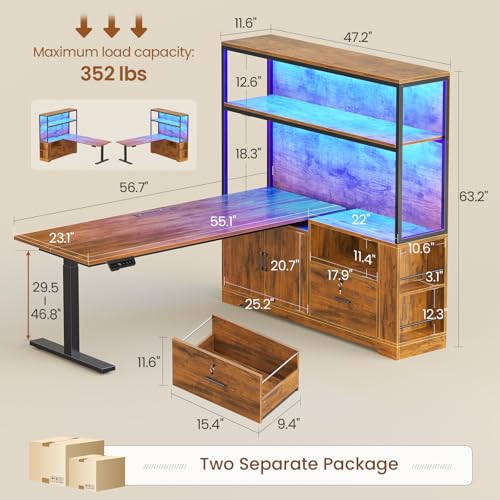 56.7" L Shaped Standing Desk, Reversible Computer Office Desk with Drawers & Hutch, Stand Up Corner Gaming Desks with LED Lights & Power Outlets for Home Office, Rustic Brown