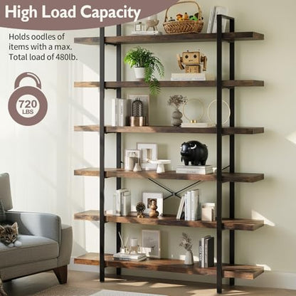 6 Tier Book Shelf, 47'' Wide Wood Industrial Bookshelf, 120lbs Shelf Capacity, Open Storage Shelves, 80'' Tall Heavy Duty Display Shelving, Rustic Brown Bookcase for Bedroom,Living Room,Office
