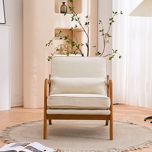 Mid-Century Accent Reading Chairs Set of 2, Beige | Linen Upholstered, Solid Wood Frame, Soft Cushion, Lumbar Pillow, Lounge Armchair for Living Room, Bedroom, Balcony, Study