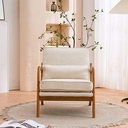 Mid-Century Accent Reading Chairs Set of 2, Beige | Linen Upholstered, Solid Wood Frame, Soft Cushion, Lumbar Pillow, Lounge Armchair for Living Room, Bedroom, Balcony, Study