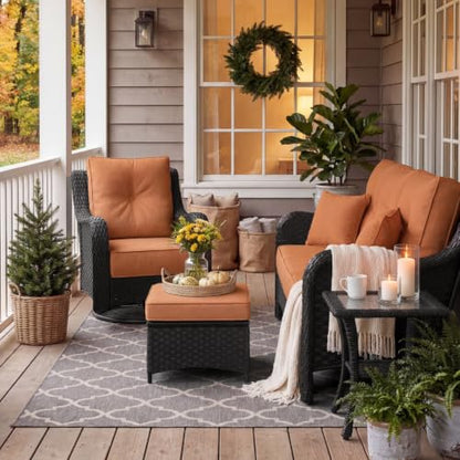 6 Piece Wicker Outdoor Furniture Set with 6-inch Comfy Cushions, High Back Patio Furniture Set with Swivel Rocking Chairs and Side Table