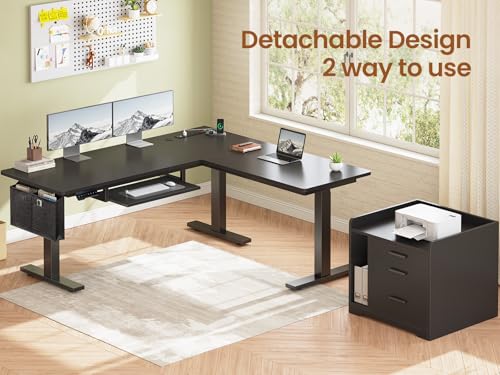 L Shaped Electric Standing Desk with File Cabinet, 63 x 53'' Height Adjustable Home Office Computer Desk with Drawers, Power Outlet, Stand up Gaming Table with Led Lights, Keyboard Tray, Black