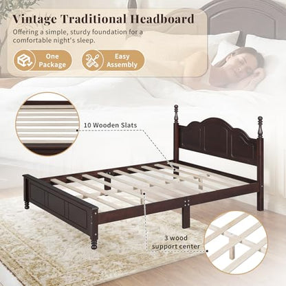 Dark Walnut Wood Bed Frame Queen Size with Wave Shaped Headboard, view 6