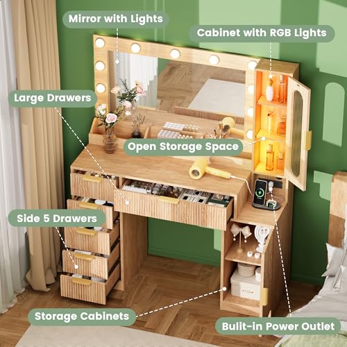 Fluted Makeup Vanity Desk with Large 31.4" Mirror and Sound Sync RGB Lights, view 6
