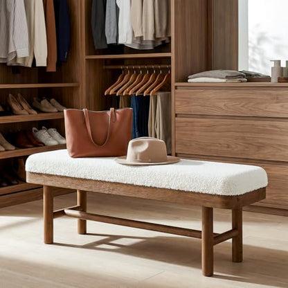 55" Upholstered Bedroom Bench, Solid Wood End of Bed Bench, Modern Indoor Bench with Cushion for Bedroom, Living Room, White & Brown