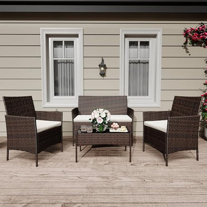 4-Piece Patio Furniture Set, Rattan Outdoor Furniture with Upholstered Sofa, 2 Chairs & Coffee Table, Modern Conversation Bistro Set for Garden Backyard Porch (Brown and Beige)