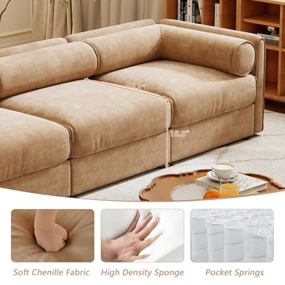 Oversized Modular Sectional Sofa, 142.5" Chenille U-Shaped Sofa with Cylindrical Backrest & Armrest, Modern Comfy 4-Seat Sofa with 2 Ottoman, Upholstered Deep Seat Couch for Living Room, Camel
