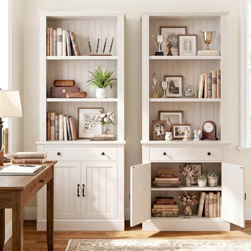 80" Tall Bookshelf with Drawer and Doors, Rustic White Bookcase, view 6