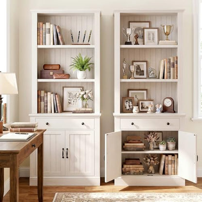 80" Tall Bookshelf with Drawer and Doors, Rustic White Bookcase, view 6