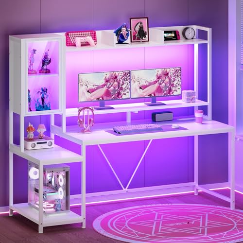 60'' Gaming Desk with Storage, Hutch, Display Cabinet and LED Lights, view 2