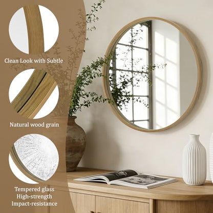 Round Wood Mirror 24 inch Circle Wall Mirror for Bathroom Round Wall Mirror for Wall Decor, Vanity, Entryway Living Room (Natural)
