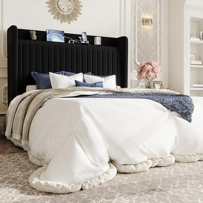 Black Velvet Bed Frame with Charging Station, view 2