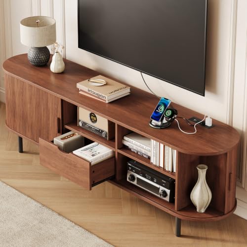 TV Stand with Power Outlet, Fluted Wood, view 5