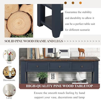 Solid Wood Console Table for Entryway;Sofa Table with Storage | 48.8 Inch Blue Real Wood Farmhouse Console Table with Drawers;Entry Way Table for Living Room,Foyer,Hallway;Easy Assembled