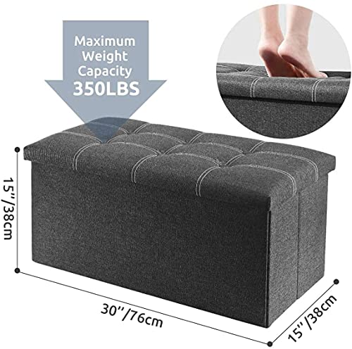30 Inch Storage Ottoman, Folding Ottoman with Storage, Linen Storage Bench Supports Up to 350 lbs, Footrest Seat for Living Room, Bedroom, Gray