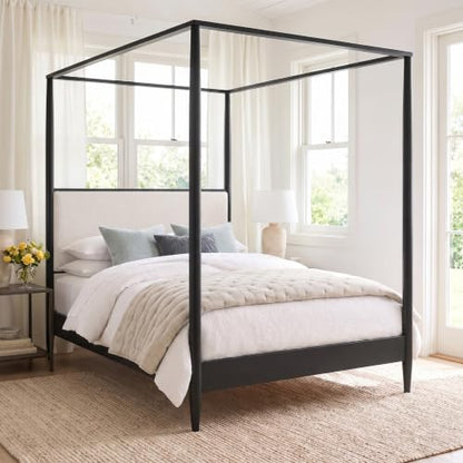 Queen 4-Poster Wood Canopy Bed with Boucle Headboard, Black, view 8