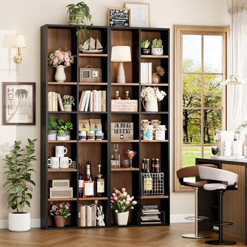 71'' Tall Bookshelf with 14 Cubes, 7 Tier Double Wide Wood Bookshelf with 6 Adjustable Shelves, 19.6" Narrow Bookcase DVD/CD Media Storage, Space Saving Display Shelf Cabinet, Black/Brown
