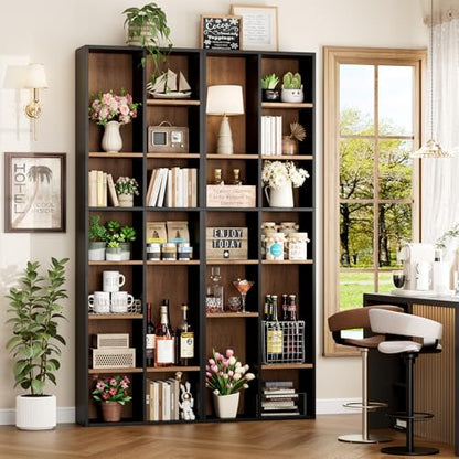 71'' Tall Bookshelf with 14 Cubes, 7 Tier Double Wide Wood Bookshelf with 6 Adjustable Shelves, 19.6" Narrow Bookcase DVD/CD Media Storage, Space Saving Display Shelf Cabinet, Black/Brown