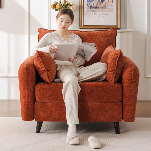 Oversized Accent Chair with All Seats Storage,Comfy Living Room Chairs with 2 Throw Pillow,Upholstered Mid-Century Armchair,24.5'' Deep Seat,Reading Chair for Bedroom,Office,Chenille,Orange