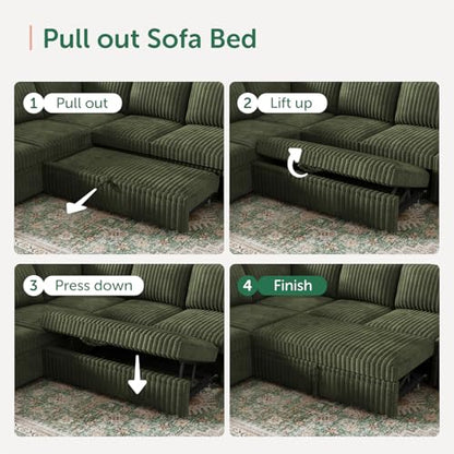 Modular Sectional Sleeper Sofa with Pull Out Bed,Corduroy L Shaped Couch with Storage, Sectional Couches for Living Room,Green