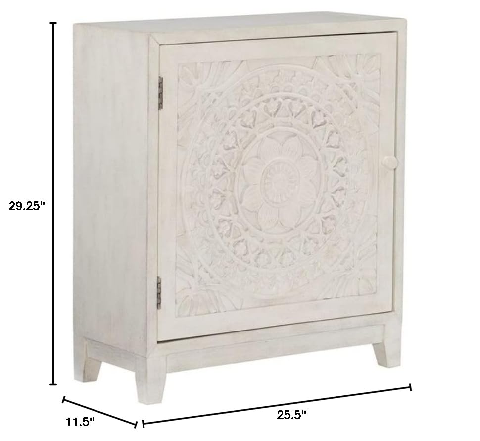 1-Door Wood Storage Accent Cabinet, 29.25 in H x 25.5 in W x 11.5 in D, MDF and Resin Construction, Smokey Antique Off White Finish, Fixed Shelf, Transitional Slimline Design for Home