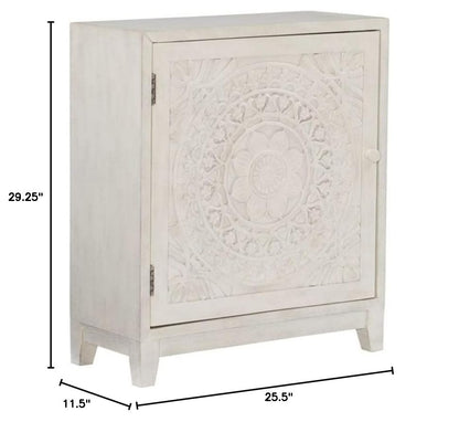 1-Door Wood Storage Accent Cabinet, 29.25 in H x 25.5 in W x 11.5 in D, MDF and Resin Construction, Smokey Antique Off White Finish, Fixed Shelf, Transitional Slimline Design for Home