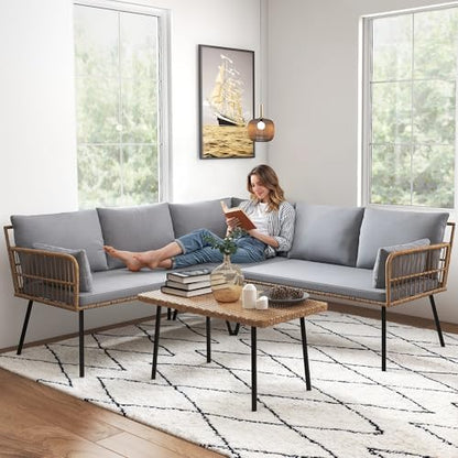 4 Pieces Sectional Sofa Couch, L-Shaped Sofa with 5 Seater for Living Room, Detachable Lounger with Thickness Cushions and Side Table - Grey