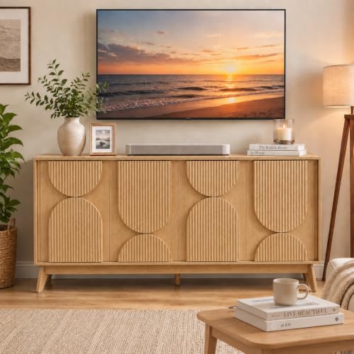 63 Inch Mid Century Modern Fluted Sideboard Buffet Cabinet Natural, view 6