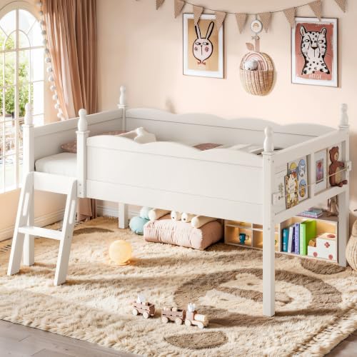 JIVOIT Twin Low Loft Bed, Solid Wood, Full Guardrails, Ladder & Side Bookshelf (Beige/ Twin,76)