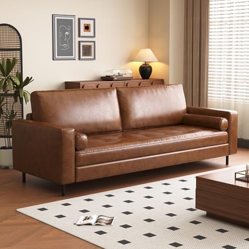80.31" Mid-Century Modern Faux Leather 3-Seater Sofa Couch, with Sturdy Metal Legs & Solid Wood Frame, for Living Room & Apartment, Brown