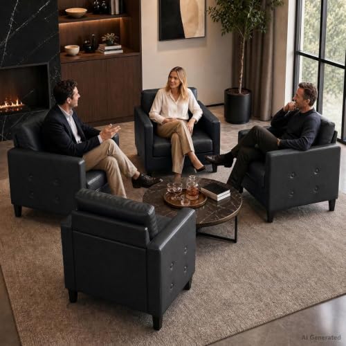 Black Accent Chairs Set of 2, Faux Leather Chair, Mid-Century Modern Living Room Chairs, Cozy Office Reading Chair with Tufted Armrest and Seat, Armchairs for Waiting Room, Bedroom (2)