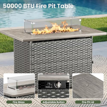 Luxury Patio Furniture Set with 6-inch Thick Cushion, Outdoor Furniture with Fire Pit Table, Swivel Chairs, Side Table, Sofa, 5pcs Wicker Conversation Set for Deck Yard(Grey Wicker/Grey Cushion)