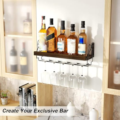 Wine Rack with Stemware Hanger,Solid Wood,17inch,Dark Brown | Wine Glass Rack,Floating Wall Shelf,Easy to Install,40 Lbs/shelf,For Kitchen,Dinning Room,Home Bar,Living Room,Elegant Design