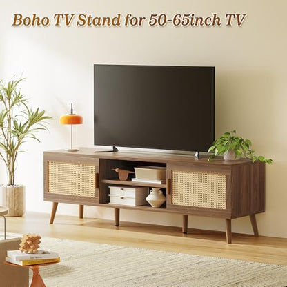Boho TV Stand for 65 Inch TV, Entertainment Center with Adjustable Shelf, Rattan TV Console with 2 Cabinets, Media Console, Solid Wood Feet, 4 Cord Holes, for Living Room, Walnut