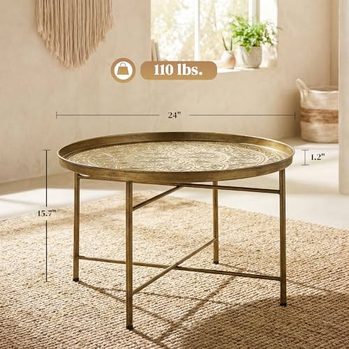 24" Round Coffee Table with Hammered Tray Top, Vintage Metal Center Table for Living Room, Bedroom, Side Table, Gold