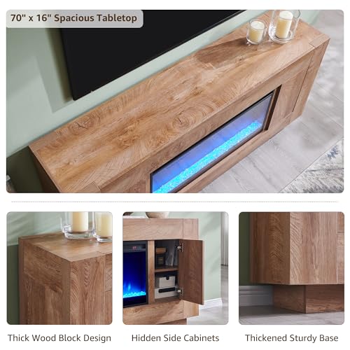 70" Fireplace TV Stand for 80" TV, Thick Block Media Console, Light Oak, view 5
