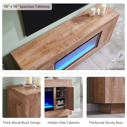 70" Fireplace TV Stand for 80" TV, Thick Block Media Console, Light Oak, view 5