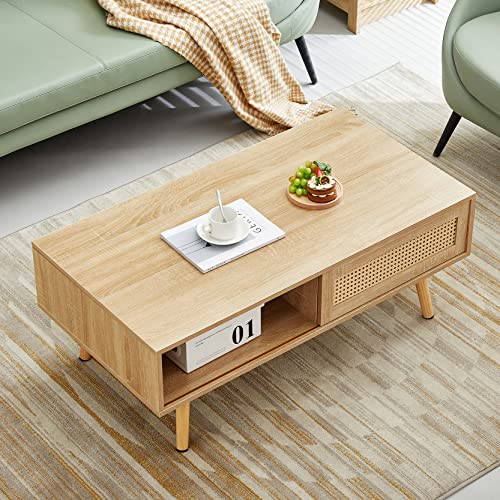 Mid Century Modern Coffee Table with Storage, 41.3 Inch Rectangle Wooden Accent Center Table with Sliding PE Rattan Woven Door Panel and Solid Wood Legs, Suitable for Living Room, Apartment