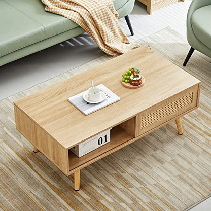 Mid Century Modern Coffee Table with Storage, 41.3 Inch Rectangle Wooden Accent Center Table with Sliding PE Rattan Woven Door Panel and Solid Wood Legs, Suitable for Living Room, Apartment