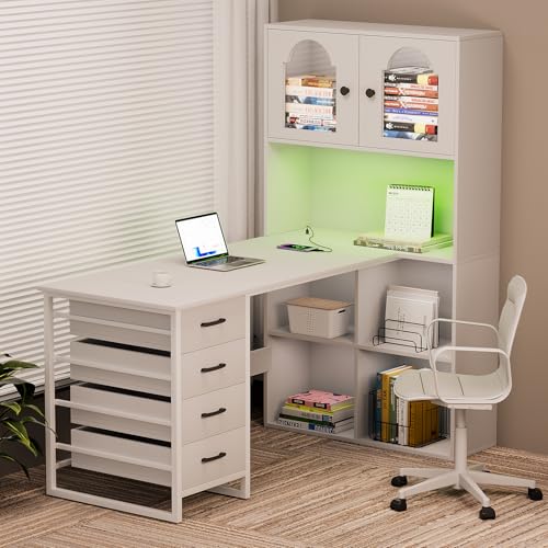 L-shaped Computer Desk with Power Outlets & LED Light, Home Office Desks w 4 Drawers, File Cabinet & Storage Shelves, Executive Desk Gaming Writing Study Table for Home Office, Bedroom, White