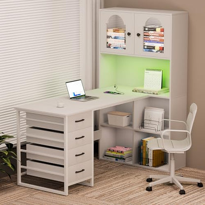 L-shaped Computer Desk with Power Outlets & LED Light, Home Office Desks w 4 Drawers, File Cabinet & Storage Shelves, Executive Desk Gaming Writing Study Table for Home Office, Bedroom, White
