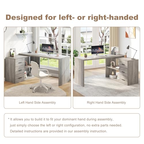 L Shaped Office Desk with Drawers Shelves 55-76 Inch, Corner Computer Desk with Storage 360 Rotating Long for Work, Executive, Study, Writing, Teacher, Bedroom Modern Gaming Table, Light Grey